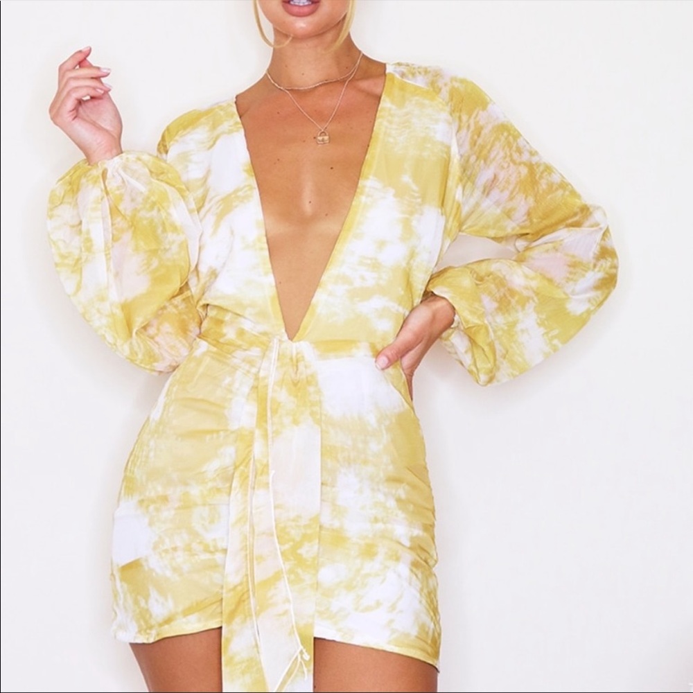 Chartreuse Tie Dyed Puffy Sleeve Plunge Dress